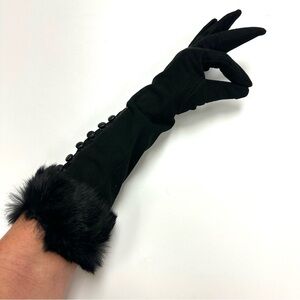 Elbow length fur trim gloves Fits Small Medium microfibre suede womens black